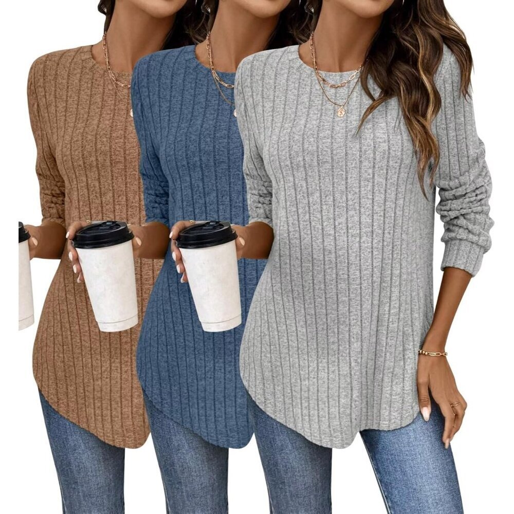 Womens Long Sleeve Sweaters 3 Pack Fall Shirts Crew Neck Side Split Loose Fit